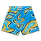 Colorful athletic shorts with abstract blue and yellow pattern on a white background
