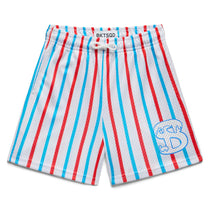 White athletic shorts with red and blue vertical stripes and a 'B' logo on a white background