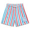 White athletic shorts with red and blue vertical stripes and a 'B' logo on a white background