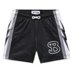 Black athletic shorts with gray stripes and a 'B' logo on a white background