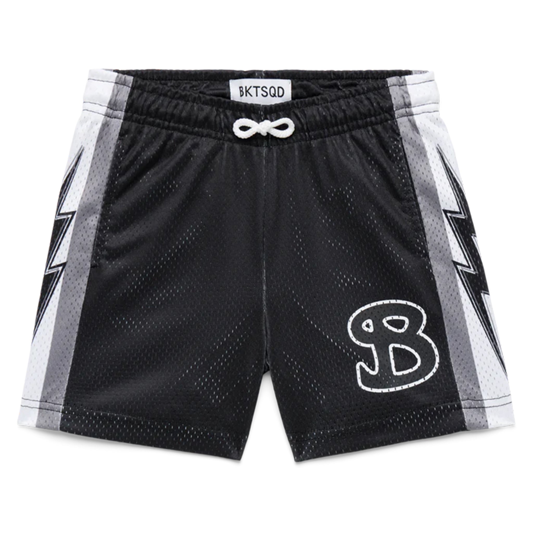 Black athletic shorts with gray stripes and a 'B' logo on a white background