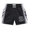 Black athletic shorts with gray stripes and a 'B' logo on a white background