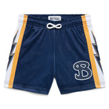 Navy blue athletic shorts with yellow stripes and a 'B' logo on a white background