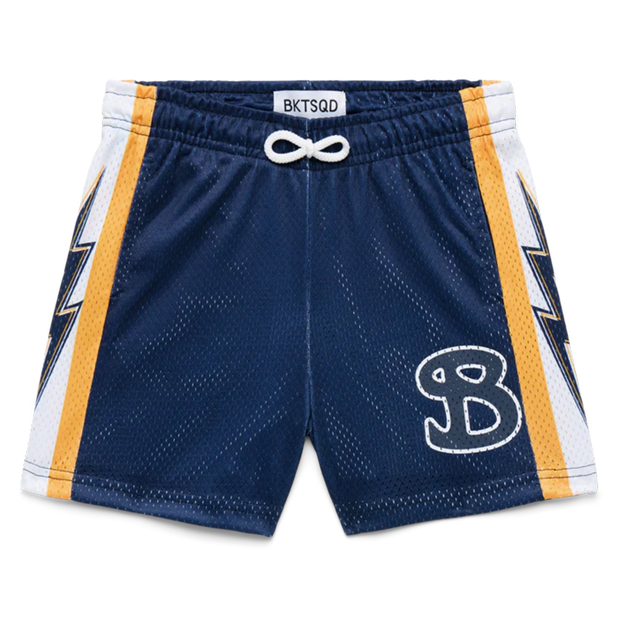Navy blue athletic shorts with yellow stripes and a 'B' logo on a white background