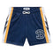 Navy blue athletic shorts with yellow stripes and a 'B' logo on a white background
