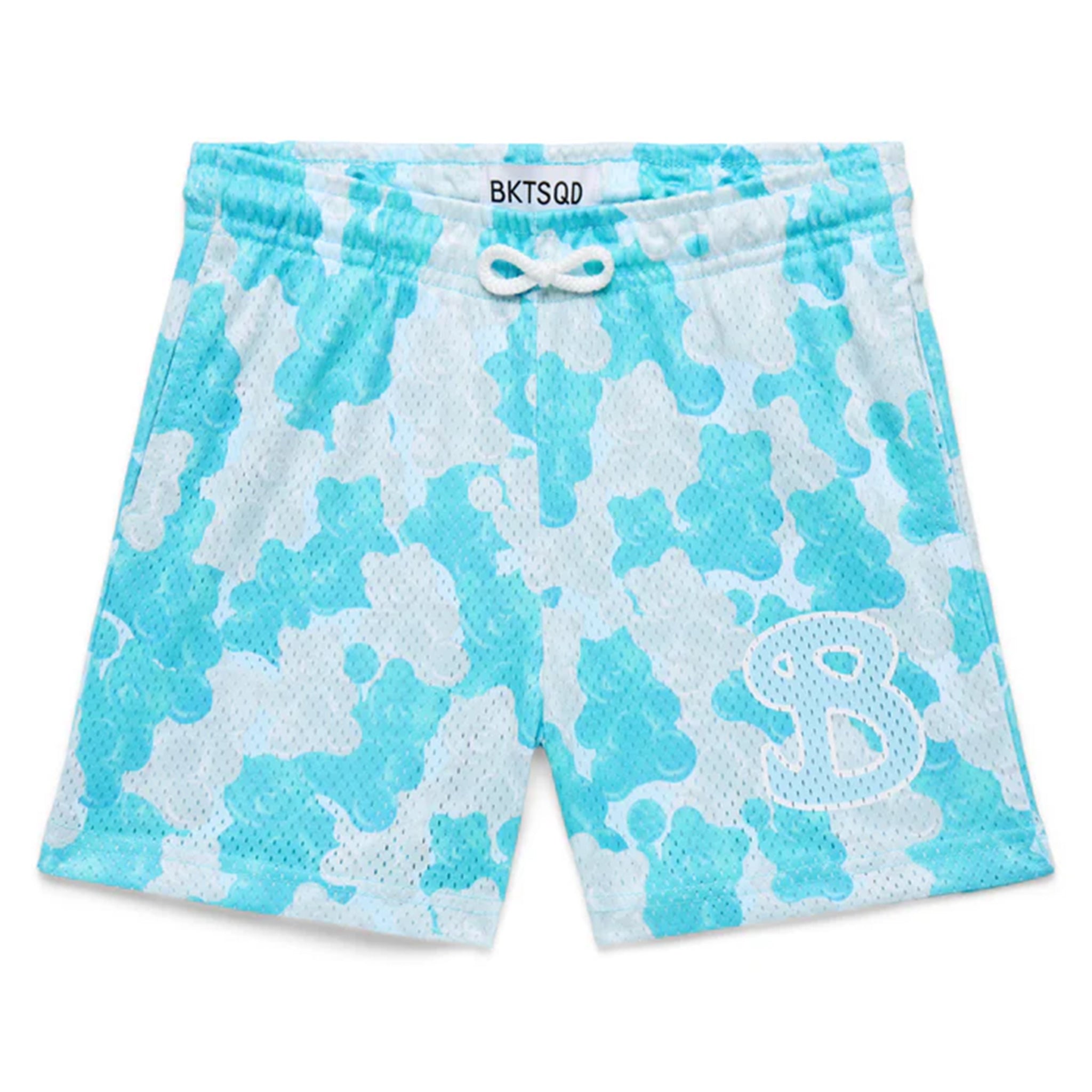 Blue and white gummy bear patterned shorts with a B graphic on a white background