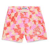 Shorts with a pink, red, and yellow gummy bear pattern and B logo on a white background