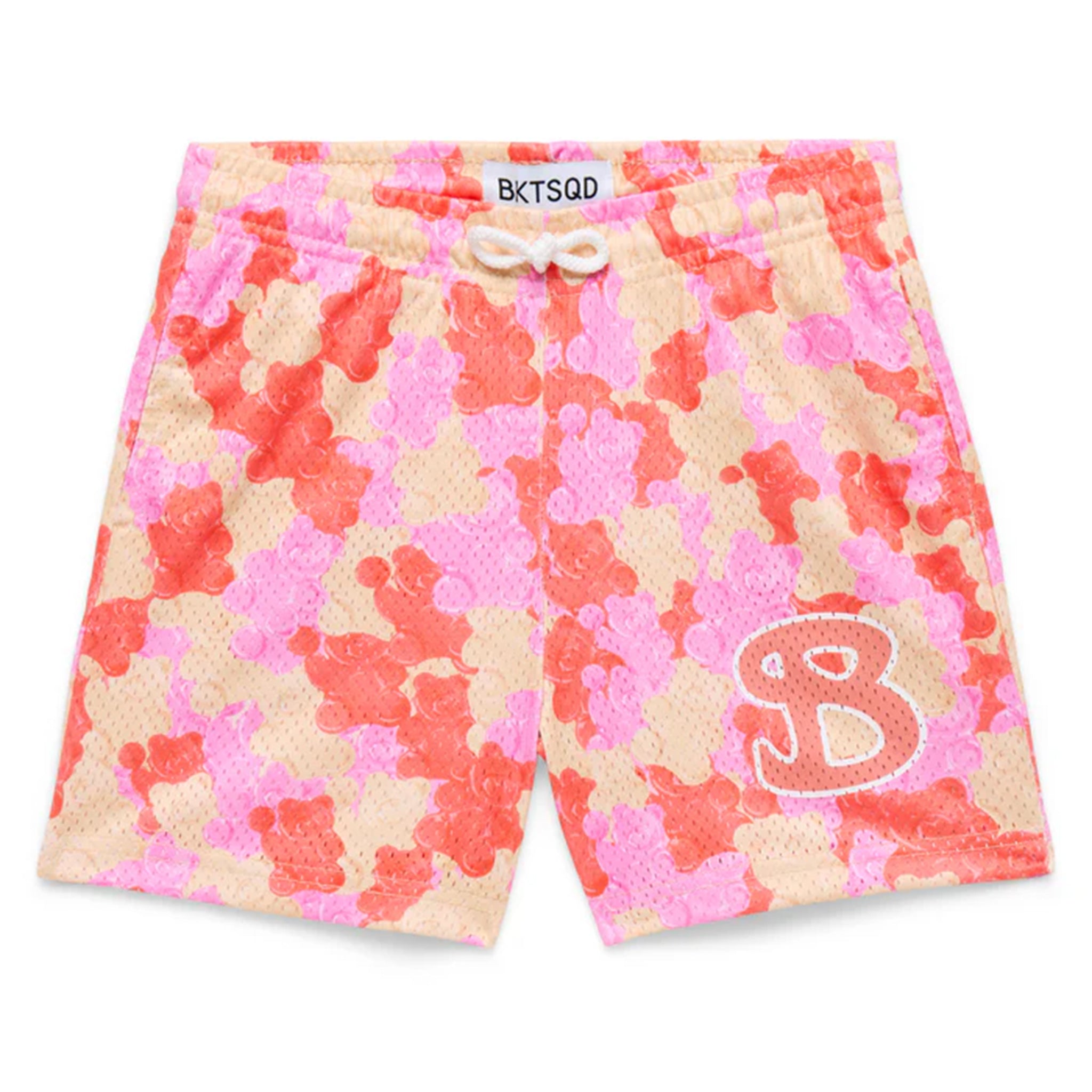 Shorts with a pink, red, and yellow gummy bear pattern and B logo on a white background