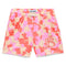 Shorts with a pink, red, and yellow gummy bear pattern and B logo on a white background