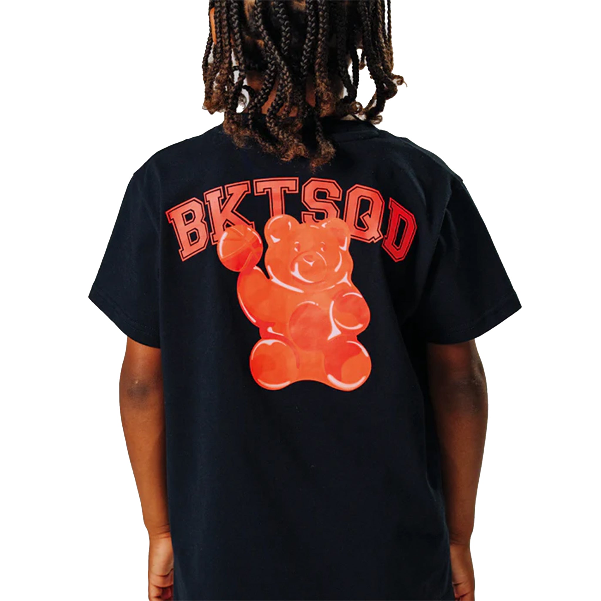Black t-shirt with a red gummy bear graphic and 'BKTSQD' text on a white background