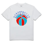 White t-shirt with a blue and red basketball graphic and 'BucketsSquad' text on a white background