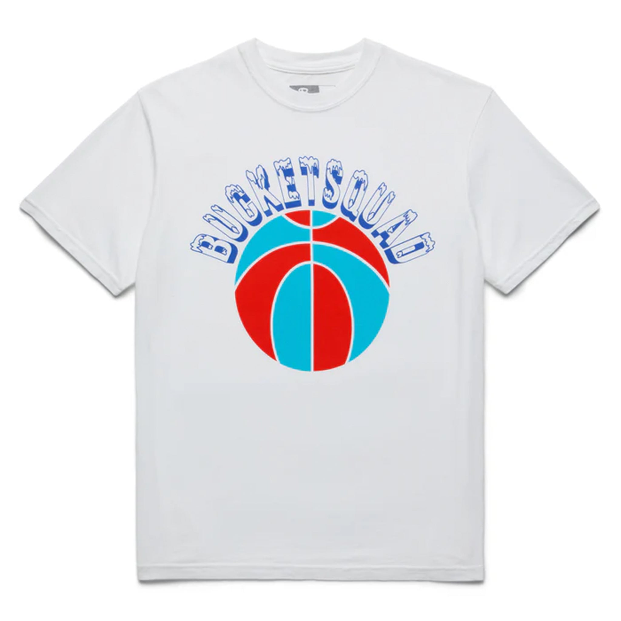 White t-shirt with a blue and red basketball graphic and 'BucketsSquad' text on a white background