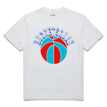 White t-shirt with a blue and red basketball graphic and 'BucketsSquad' text on a white background