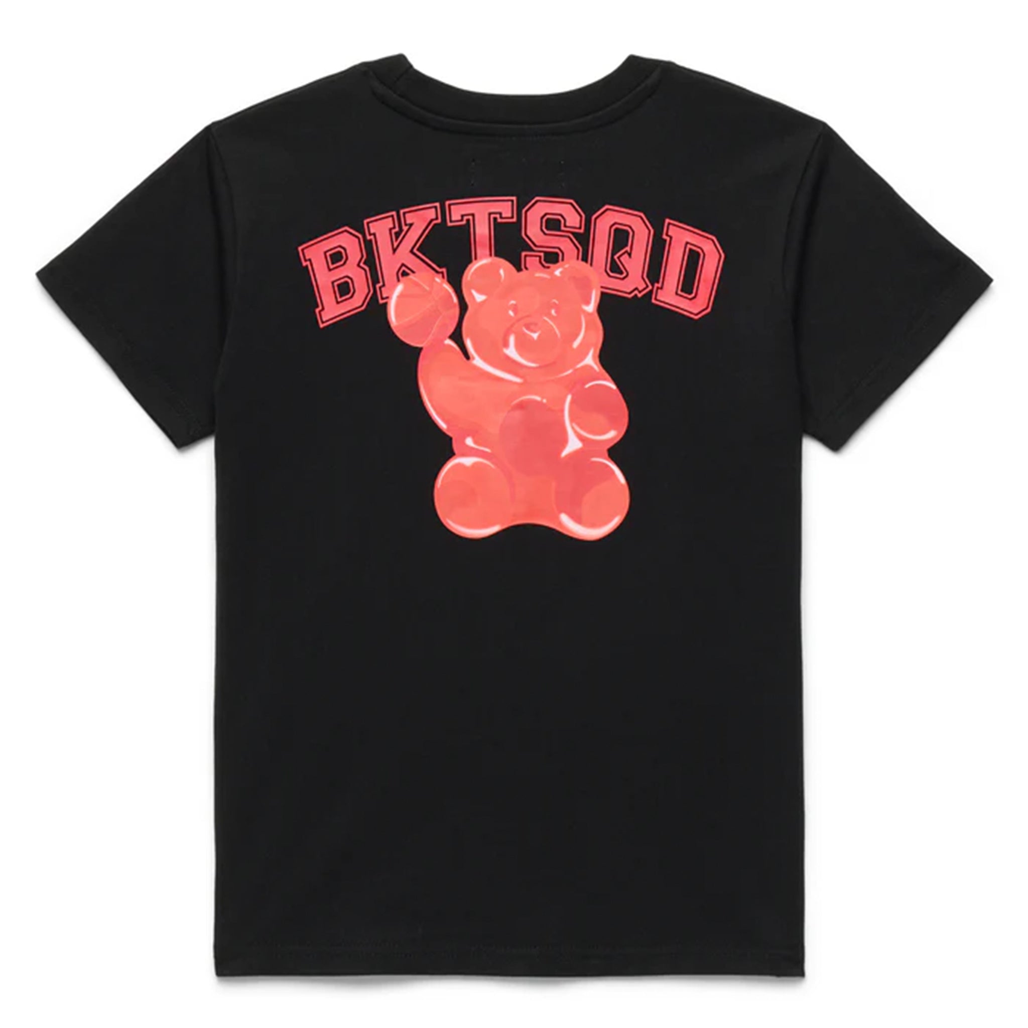Black t-shirt with a red gummy bear graphic and 'BKTSQD' text on a white background