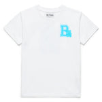 White t-shirt with a blue 'B' logo and blue gummy bear on a white background