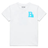 White t-shirt with a blue 'B' logo and blue gummy bear on a white background