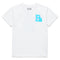 White t-shirt with a blue 'B' logo and blue gummy bear on a white background
