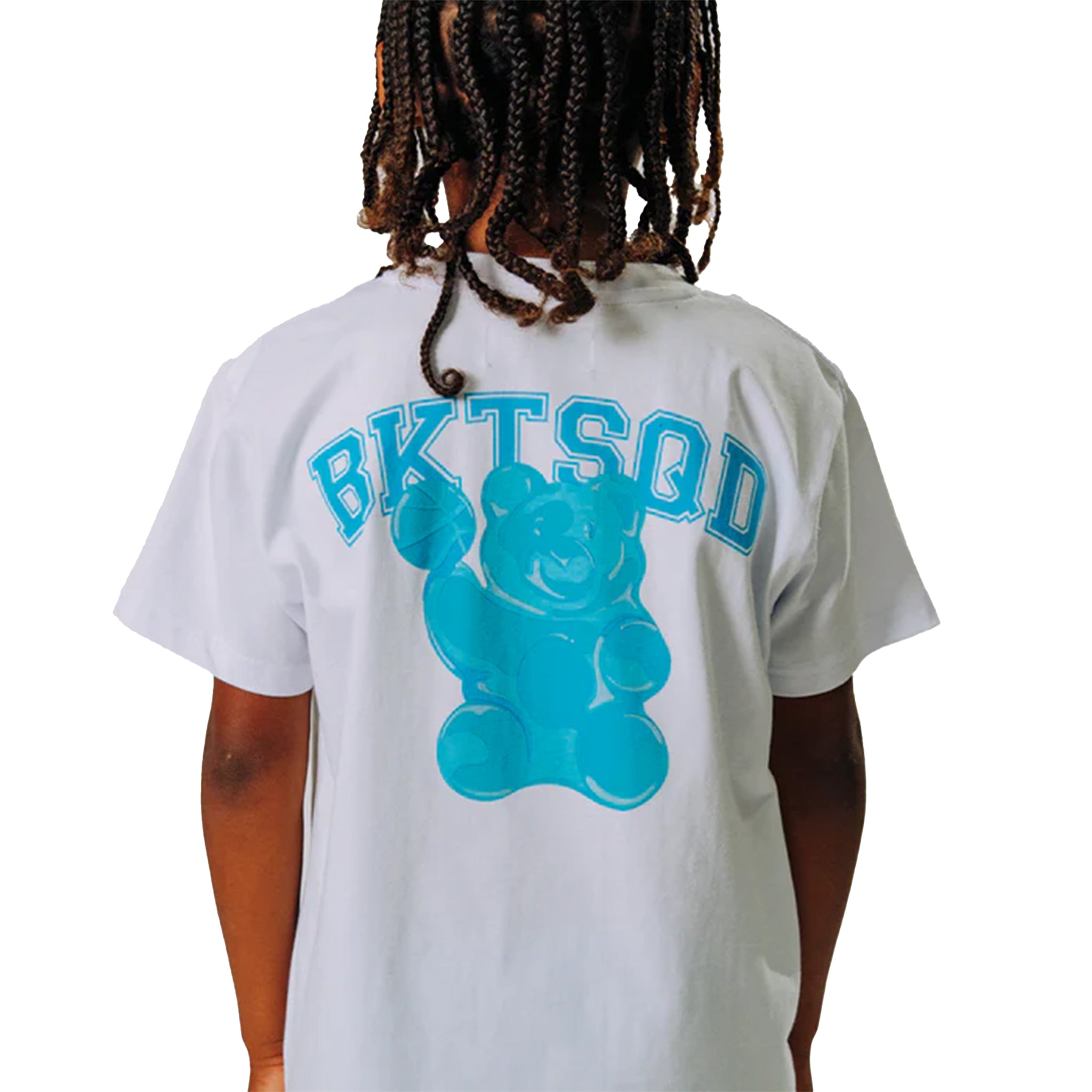 Child wearing a white t-shirt with a blue gummy bear graphic and 'BKTSQD' text on the back