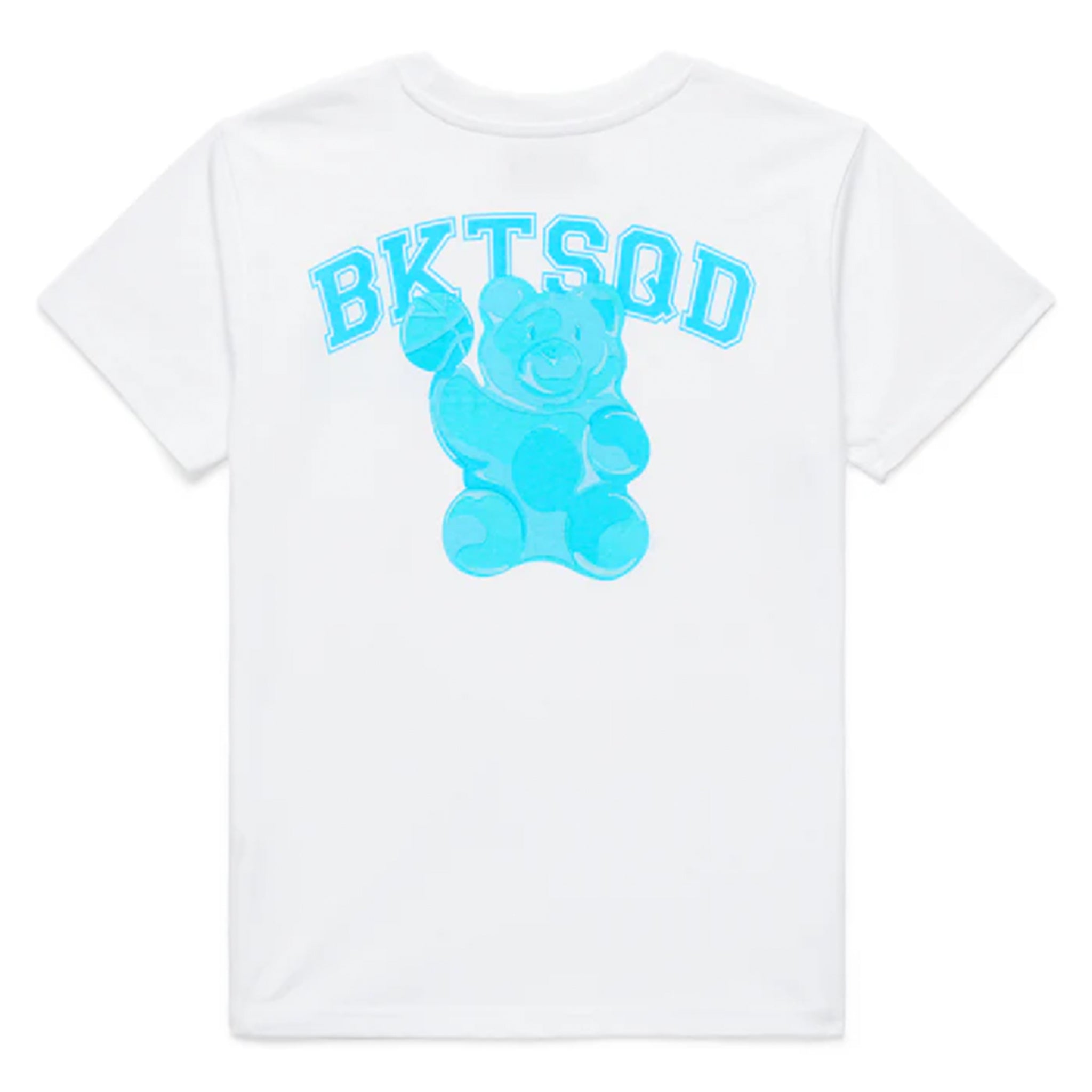 White t-shirt with blue gummy bear graphic and 'BKTSQD' text on a white background