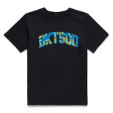Black t-shirt with colorful 'BKTSQD' text on a white background