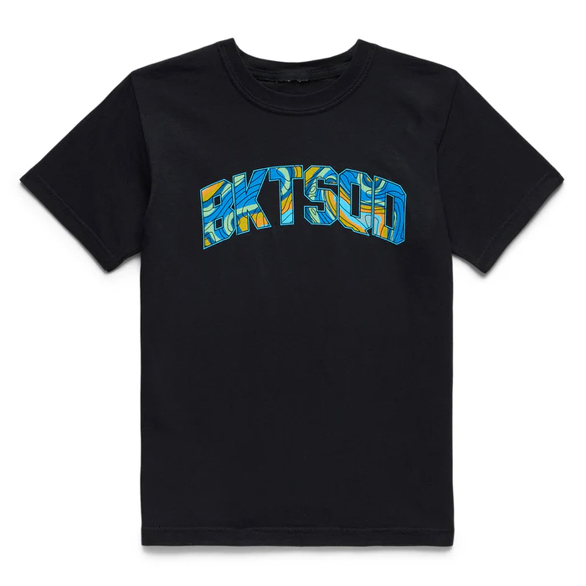 Black t-shirt with colorful 'BKTSQD' text on a white background