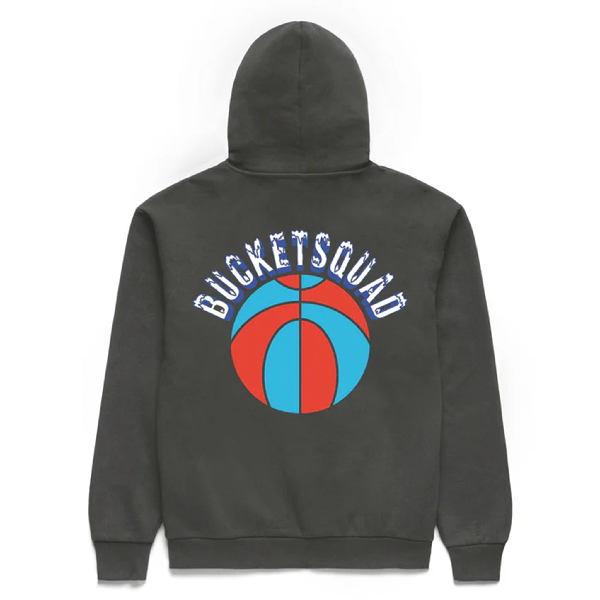 Charcoal gray "Buckesquad" hoodie with a logo and ball on a white background