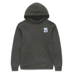 Charcoal gray hoodie with a logo on a white background