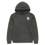 Charcoal gray hoodie with a logo on a white background