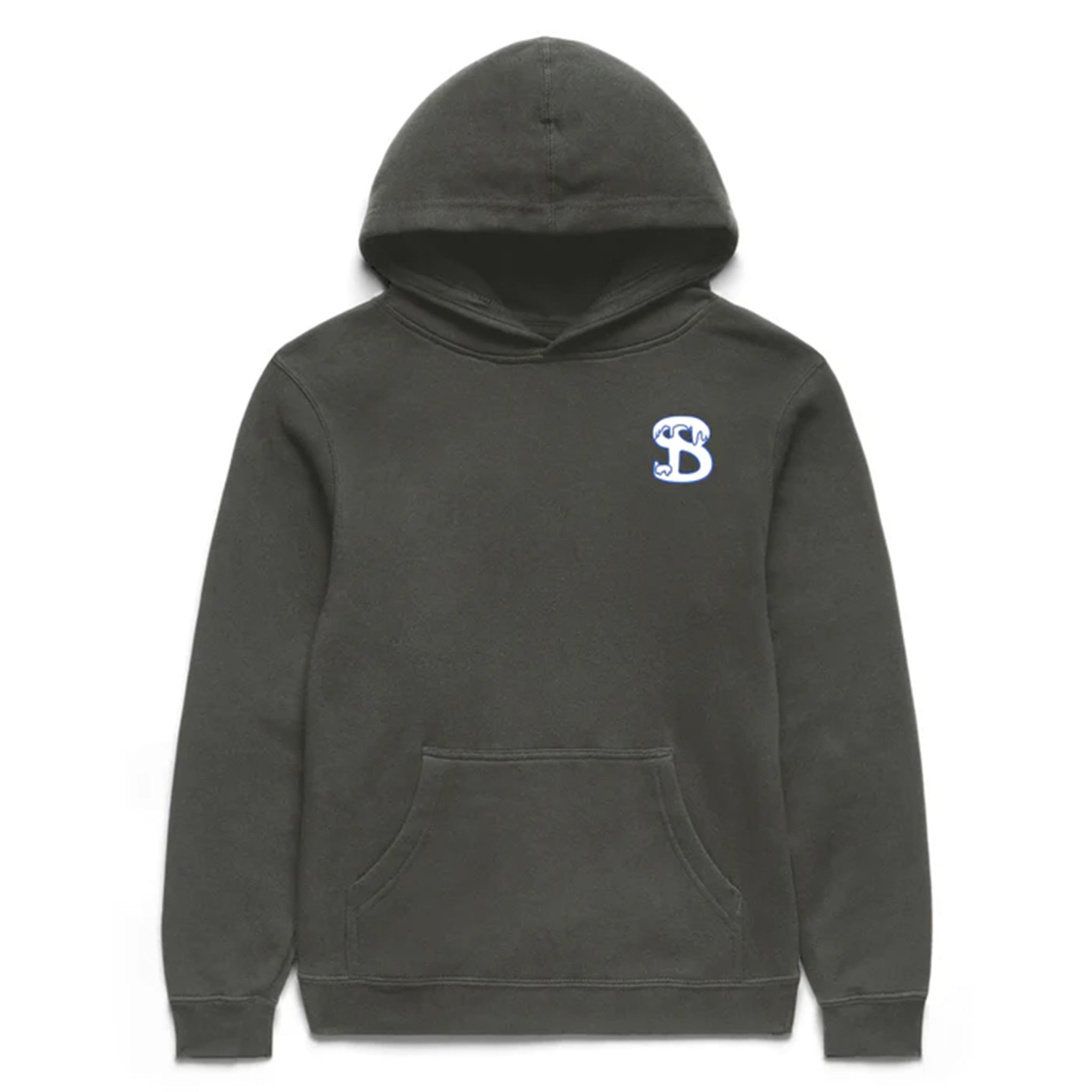 Charcoal gray hoodie with a logo on a white background