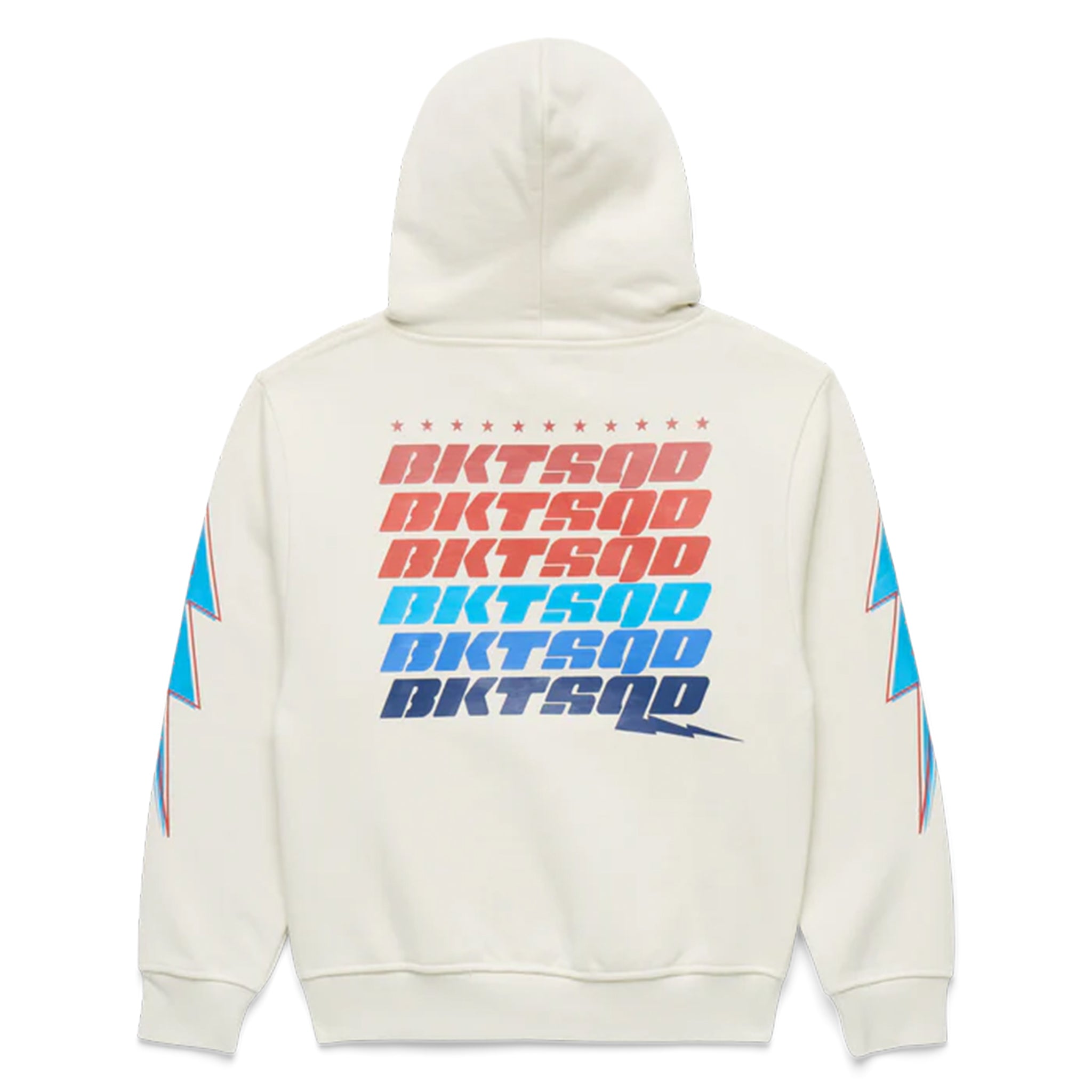 Off-white hoodie with colorful 'BKTSQD' text and star patterns on a white background