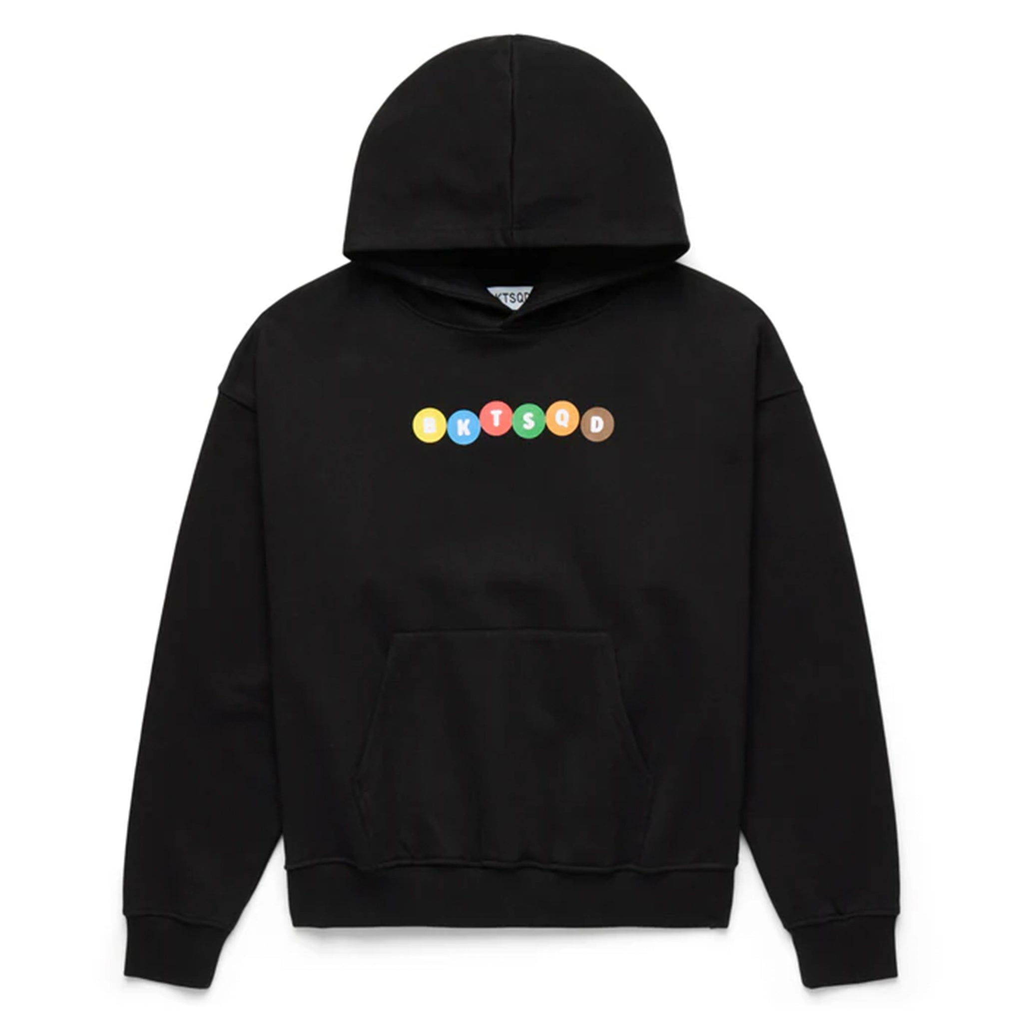 Black hoodie with colorful circles containing 'BKTSQD' on a white background
