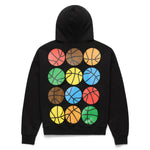 Black hoodie with colorful basketball graphics on the back against a white background