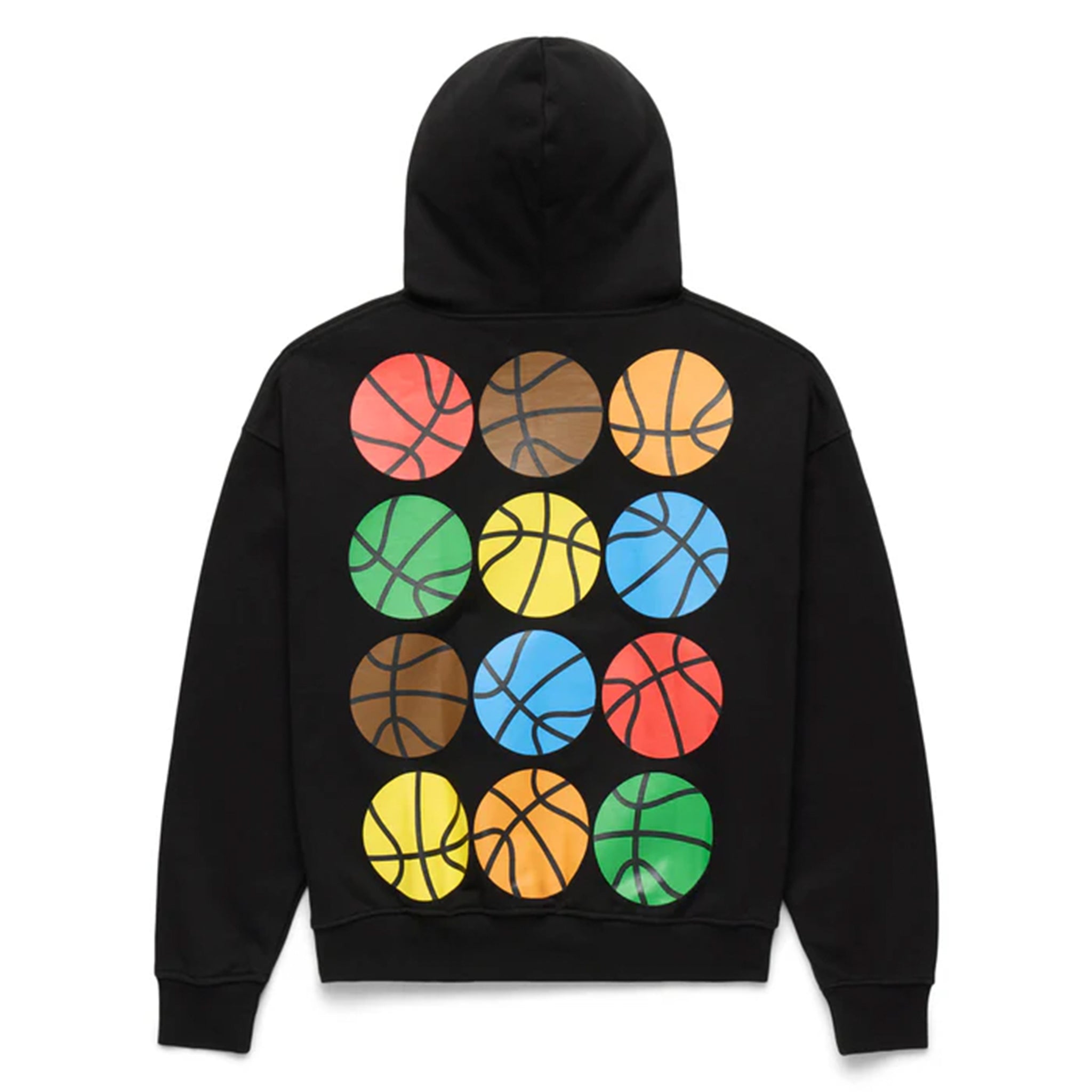 Black hoodie with colorful basketball graphics on the back against a white background