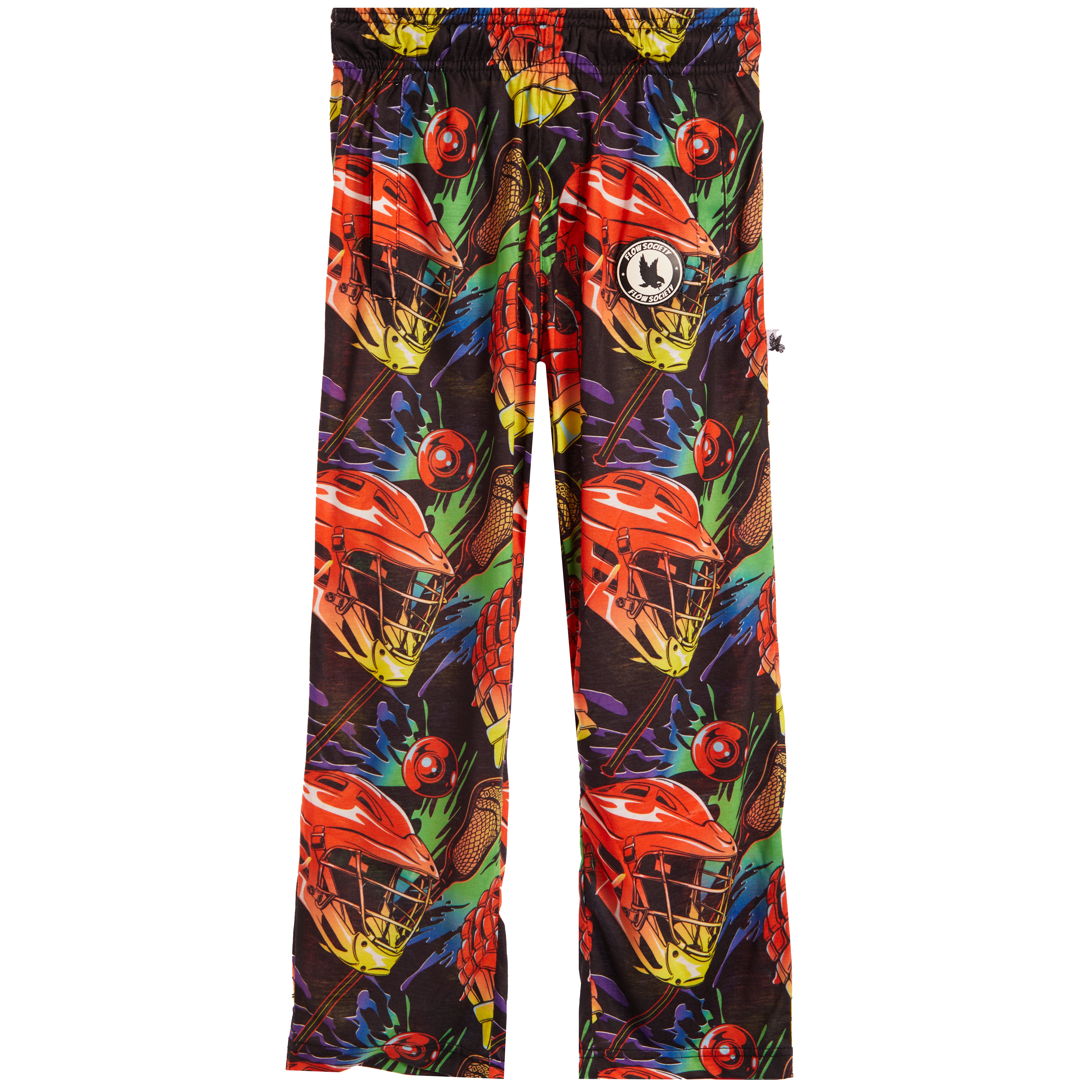 A pair of athletic pants featuring a vibrant, all-over print of red and yellow baseball helmets, baseballs, and bats on a dark background. A circular logo patch is visible on the upper right thigh.