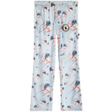 Light blue jogger pants with an all-over baseball print, featuring a circular patch on the left thigh.