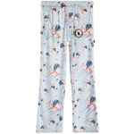 Light blue jogger pants with an all-over baseball print, featuring a circular patch on the left thigh.