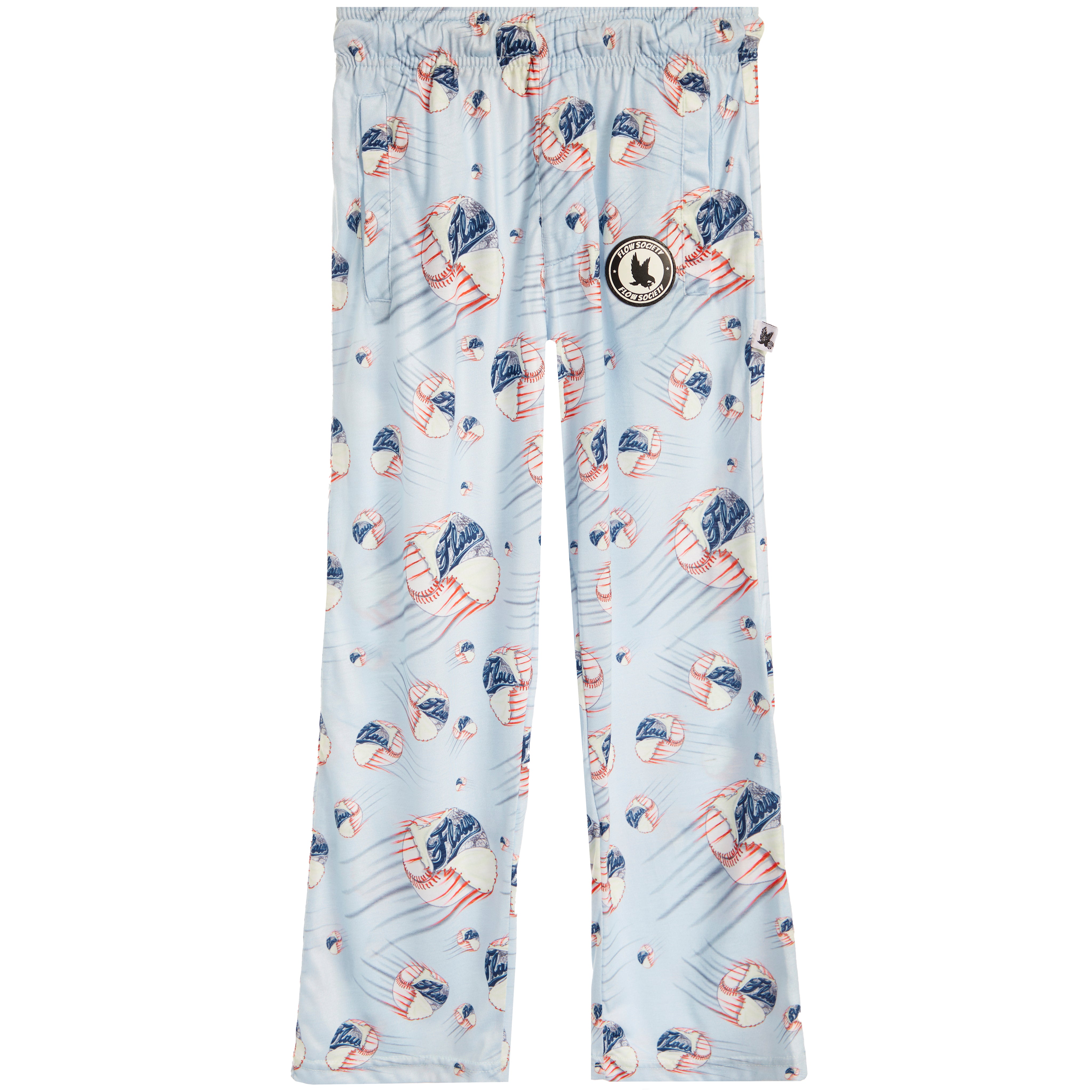 Light blue jogger pants with an all-over baseball print, featuring a circular patch on the left thigh.