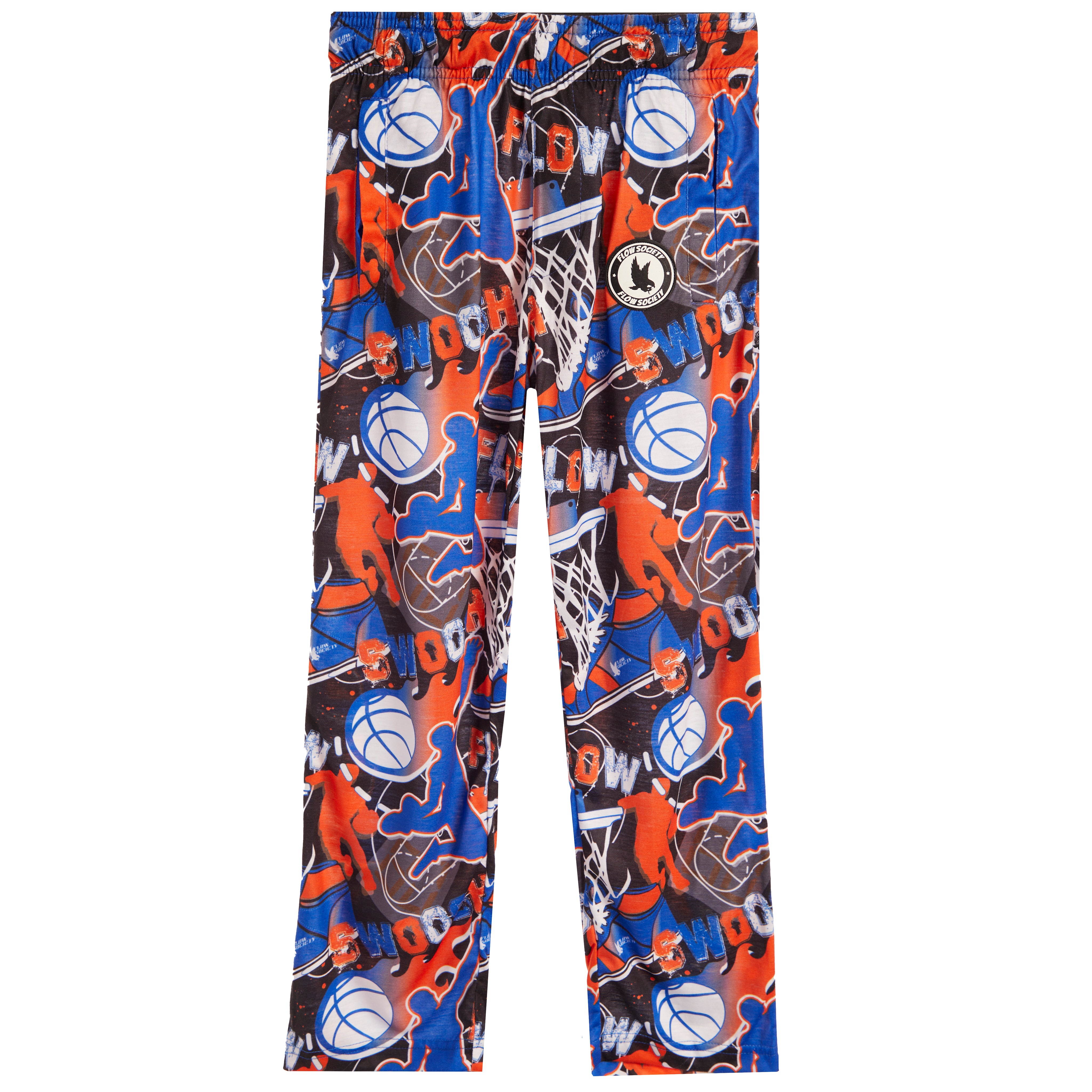 A pair of kids' basketball-themed pants featuring a vibrant all-over collage print of orange and blue basketball players, blue basketballs, white hoops, and text. The pants are shown flat against a solid white background.