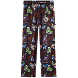 Black pants with an all-over colorful ice skates printed, featuring a white circular logo patch on the left thigh.