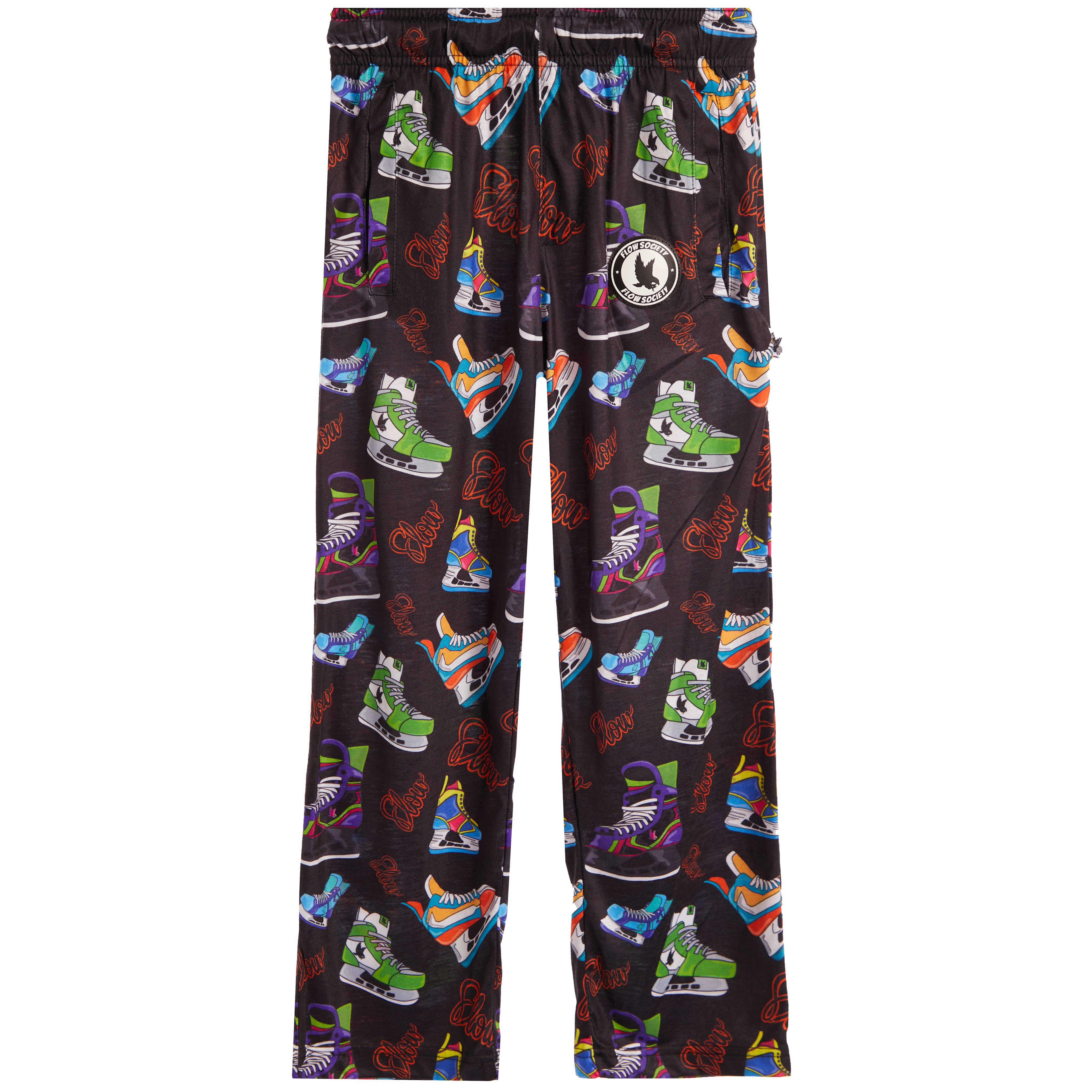 Black pants with an all-over colorful ice skates printed, featuring a white circular logo patch on the left thigh.