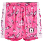 Pink athletic shorts with a repeating pattern of ice cream popsicles and the word 'FLOW' in white and black, featuring white side panels and a circular logo patch near the lower right leg.