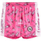 Pink athletic shorts with a repeating pattern of ice cream popsicles and the word 'FLOW' in white and black, featuring white side panels and a circular logo patch near the lower right leg.