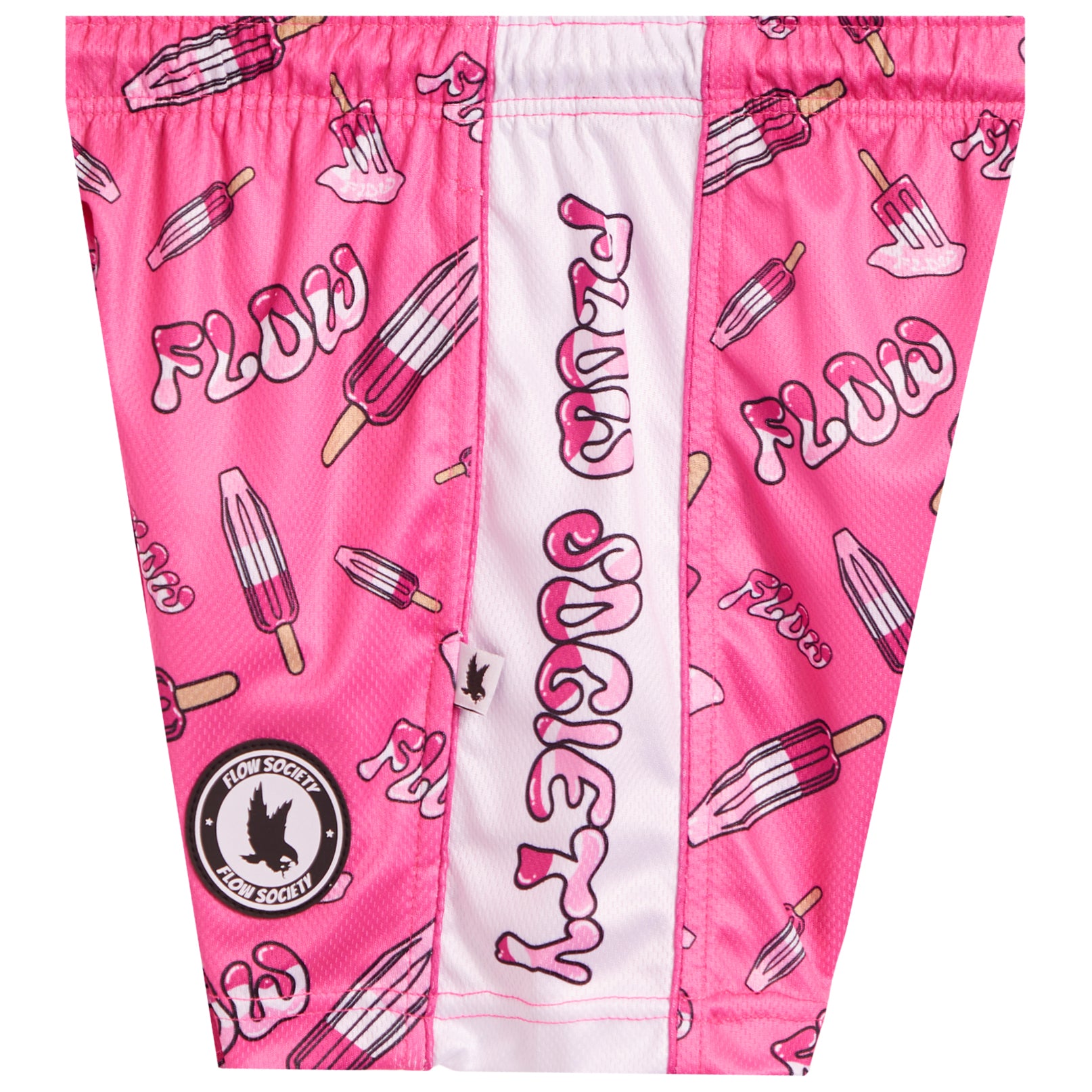 Pink and white flow socks with a popsicle and script pattern, featuring the text 'Flow Society' and a circular logo patch.