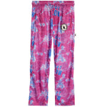 A pair of kids' pink and blue sweatpants with a circular logo patch on the left thigh, displayed against a solid white background.