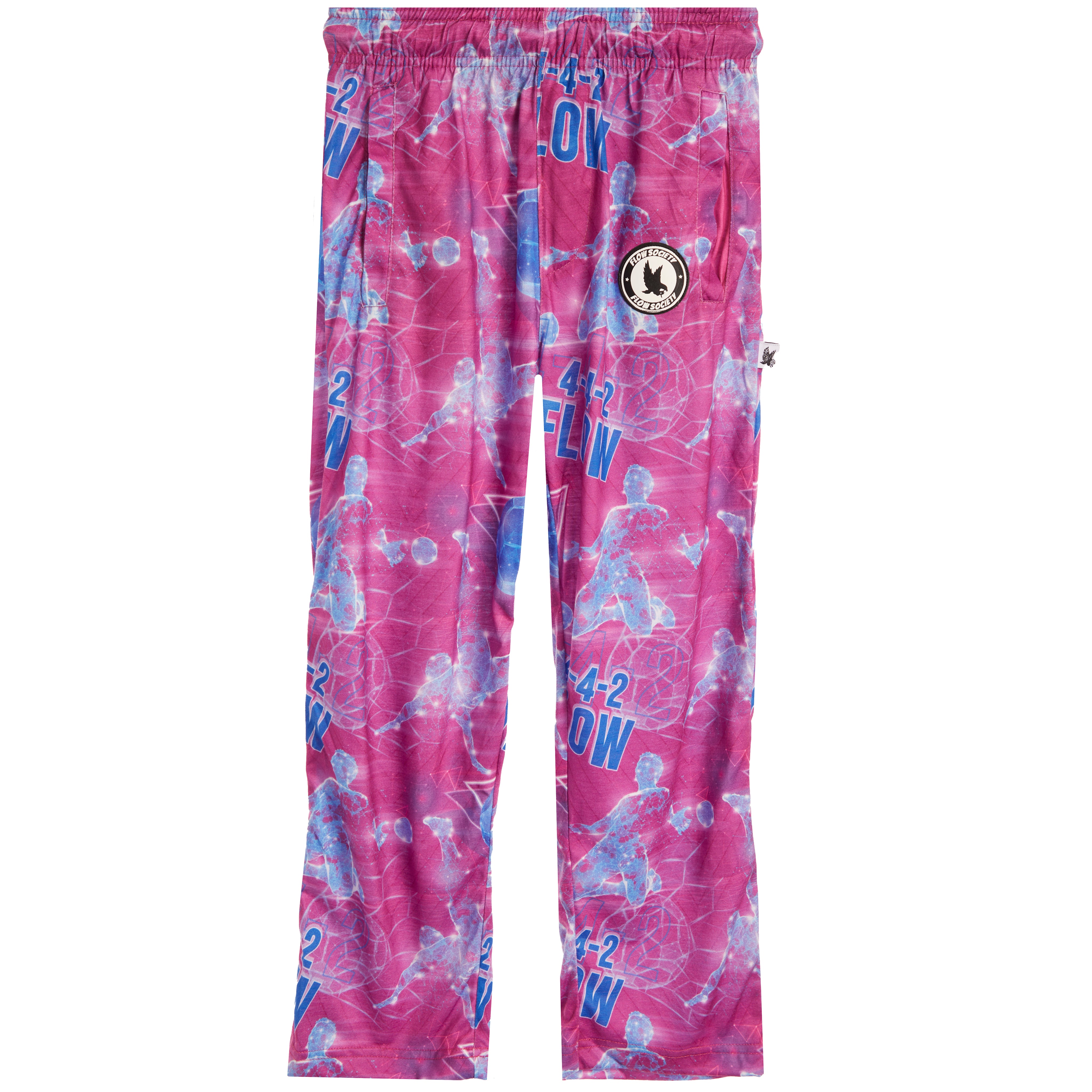 A pair of kids' pink and blue sweatpants with a circular logo patch on the left thigh, displayed against a solid white background.