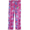 A pair of kids' pink and blue sweatpants with a circular logo patch on the left thigh, displayed against a solid white background.