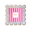 A square glittery photo frame with a scalloped edge and four hanging loops