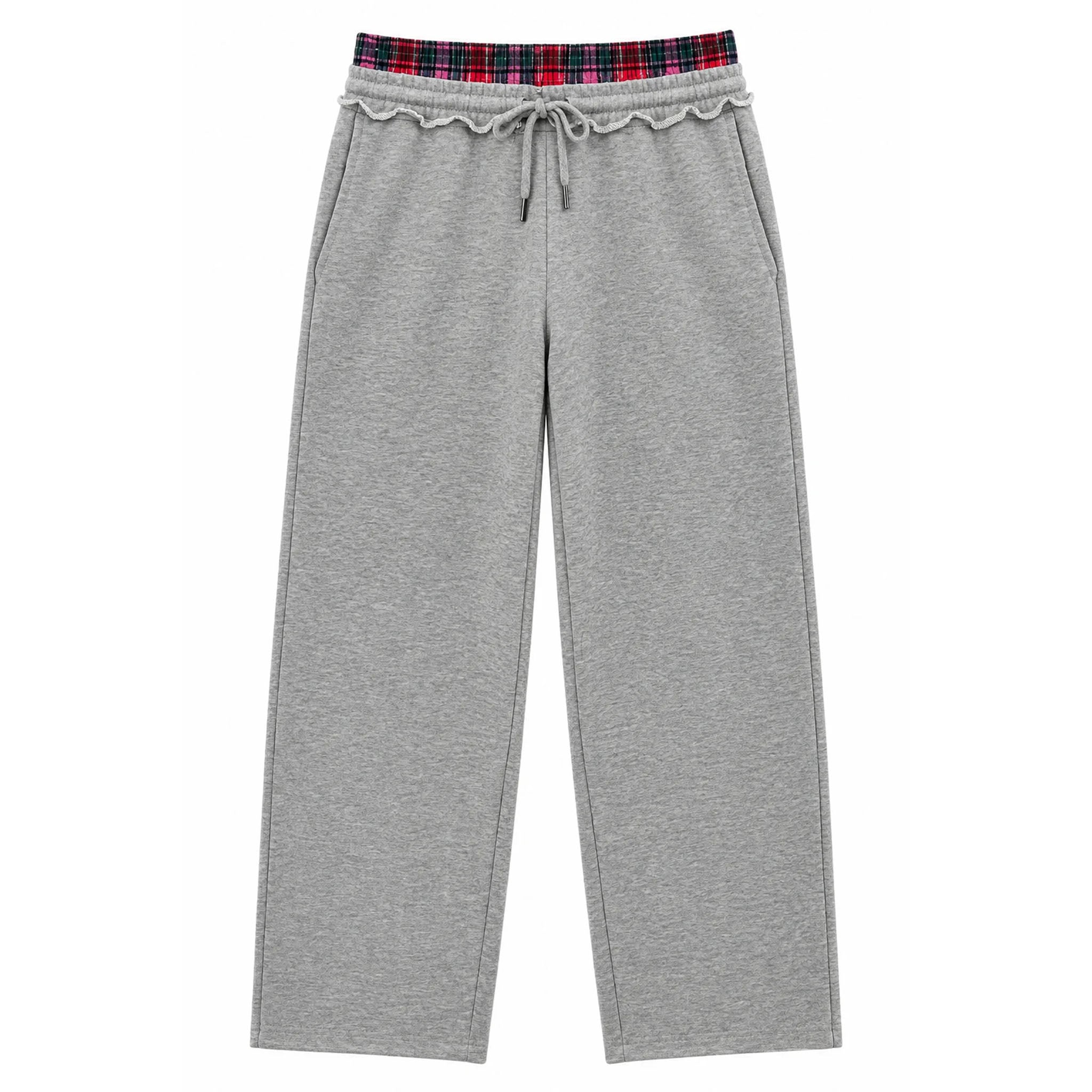 A pair of heather gray sweatpants featuring a decorative ruffled elastic waistband with a red, navy, and black plaid pattern, complete with a matching gray drawstring.