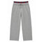 A pair of heather gray sweatpants featuring a decorative ruffled elastic waistband with a red, navy, and black plaid pattern, complete with a matching gray drawstring.