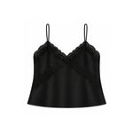 A black satin camisole top with thin spaghetti straps and intricate lace trim along the V-neckline and across the bust, displayed on a solid white background.